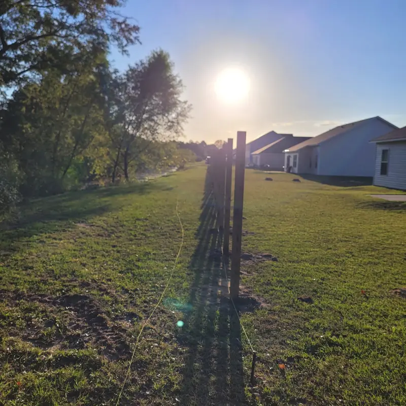 Fence posts set in a line across a back yard with a string line